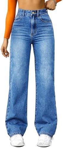 FUNUCA Straight Leg Jeans for Women,High Waisted Wide Leg Loose Microelastic Boyfriend Denim Pants, Size 14