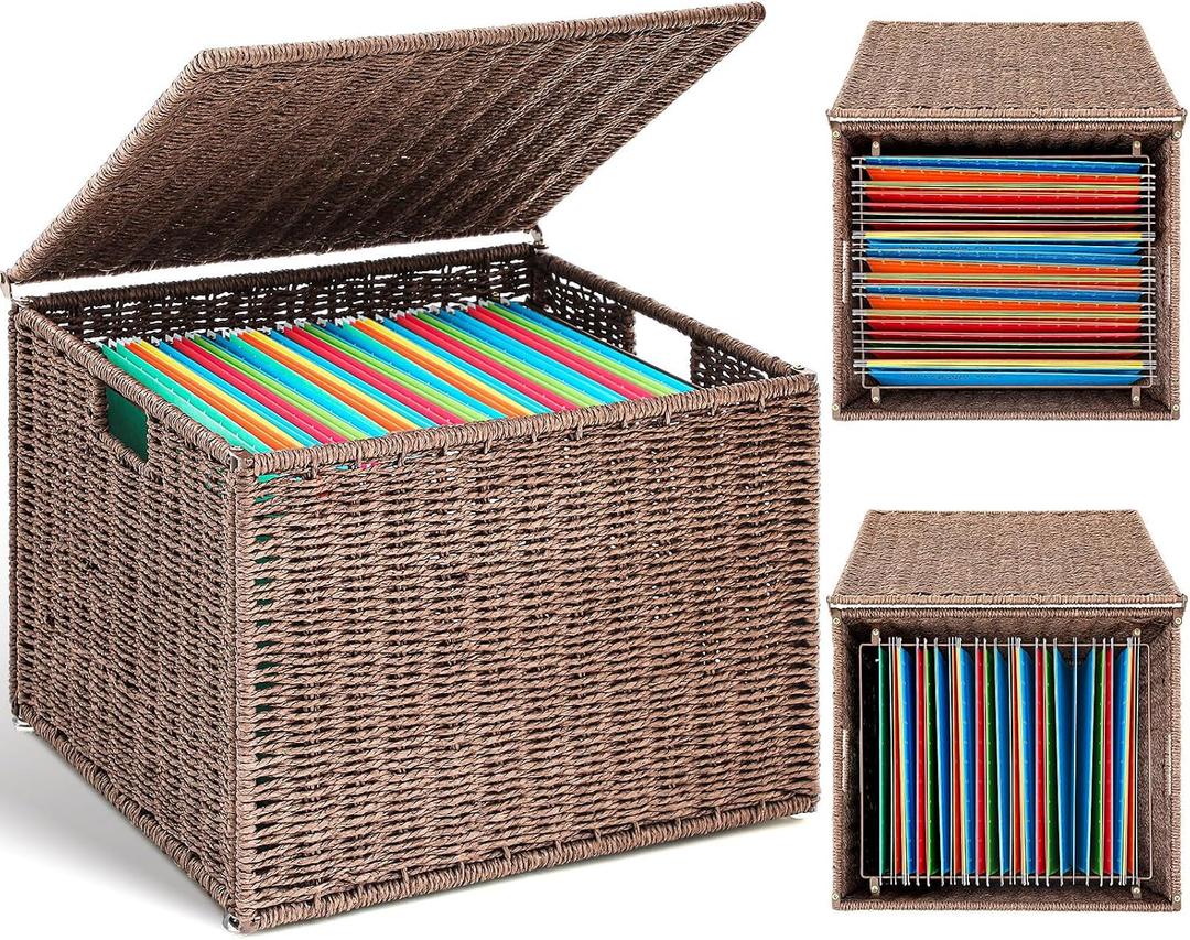 Cinnvoice Extra Large Decorative File Box 18 x 16 x 13 in Wicker Seagrass File Basket Organizer for Letter Legal Size Hand Woven Hanging Filing Cabinet with Lid for Office Paper Rope, Dark Brown