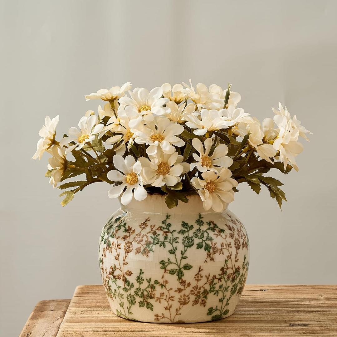 SIDUCAL Ceramic Green and Beige Vase with Wide Mouth Lace, 4.84 Inch Cracked Chinoiserie Rustic Farmhouse Vases, Pastoral Retro Vase for Home Decor, Table, Living Room, Bathroom, Shelf, Wedding