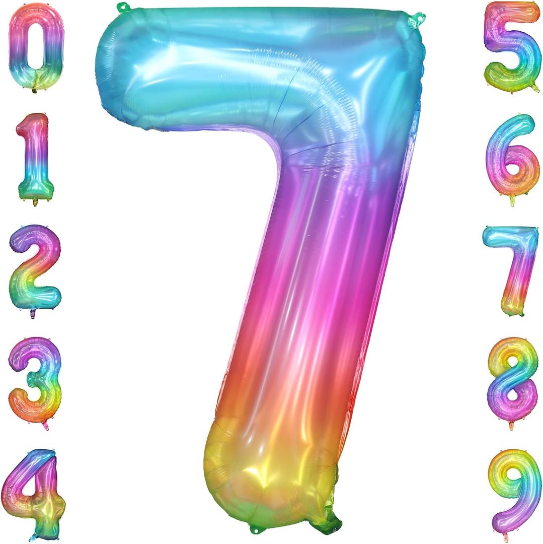 40 Inch Rainbow Number Balloon 7, Large Number Foil Balloons Mylar for Girl Boy Birthday Party Celebration Decorations Supplies, Digital Balloons for Wedding Anniversary Events Decorations