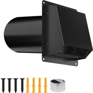 4 Inch Dryer Vent Cover Outside, Galvanized Steel Exterior Hooded Wall Vent Cover with Removable Screen & Cushioned Backdraft Flap, Exhaust Vent for House Through-Wall Dryer Vent Kit (Black)