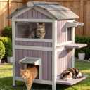 Cat House Outdoor Feral Cat Enclosure, Weatherproof Warm Kitty Shelter with Large Balcony, Escape Doors, Two-story-V, 17.7"D x 25.4"W x 31.4"H