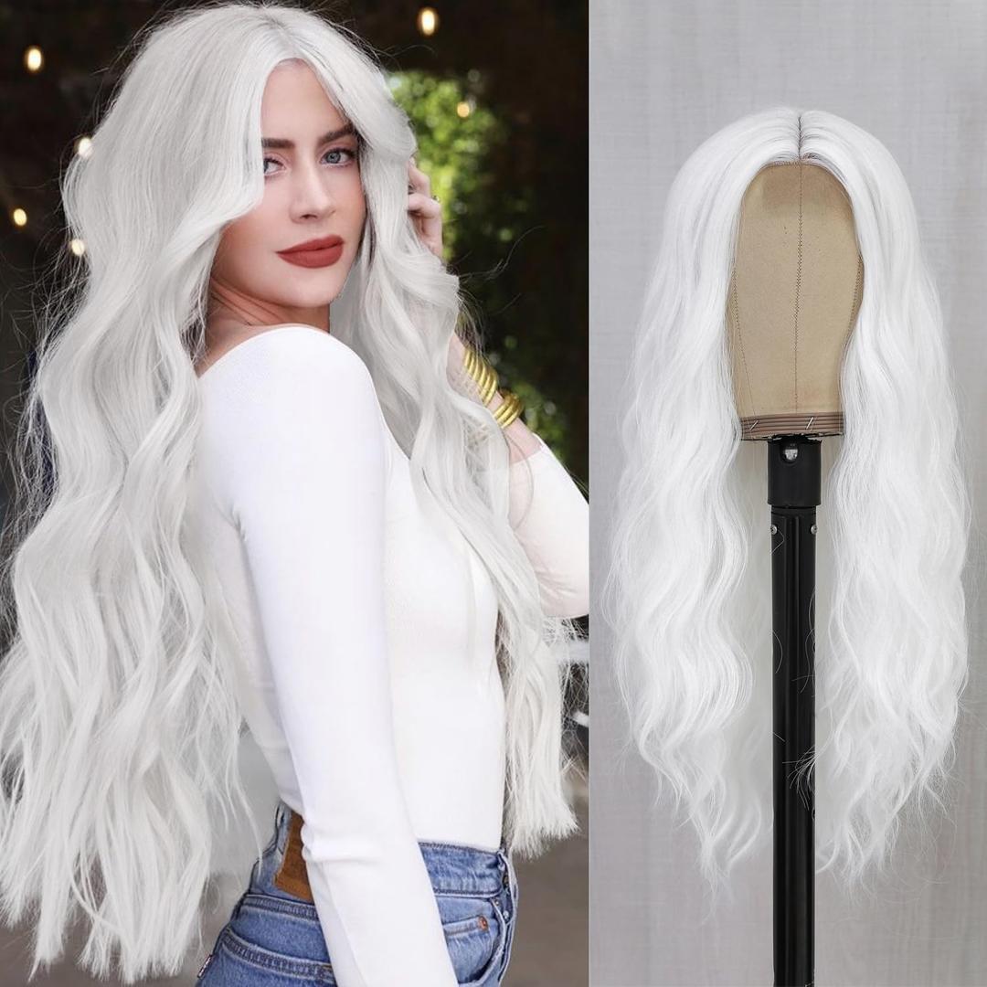 White Wig - Long White Wavy Wigs for Women Middle Part Cosplay Wigs 26 inch Natural Curly Synthetic Wig Heat Resistant Fiber Wigs for Daily Party Use