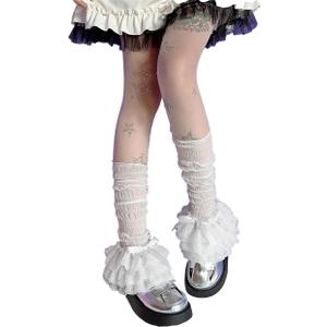 CAT KO Women Y2K Japanese Leg Warmers Fashion Lace Bow Loose High Socks Student Heap Socks for lolita (White)