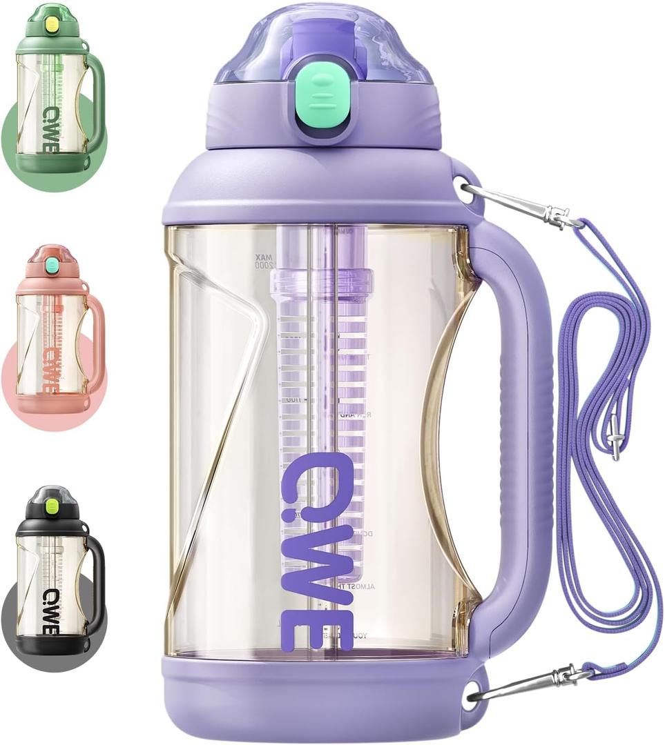 QWE Gym Large Plastic Water Bottle for Women with Lids and Straws&Handle,67oz,Heat-resisting,PPSU BPA Free, 1/2 half Gallon Water Jug Double drinking,leak proof, for Travel,Outdoors,Camping(Purple)