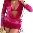 OYOANGLE Women's Bathing Suits 4 Piece Swimsuits Crochet Triangle Halter Thong Bikini Set with Cover Ups (Pink, L)