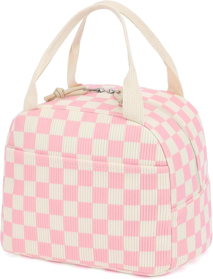 Corduroy Lunch Box for Women Girls, Lunch Tote Bags Reusable Insulated Cooler Lunchbag Large Capacity Lunchbox for Work Travel Picnic (Checkered Pink)