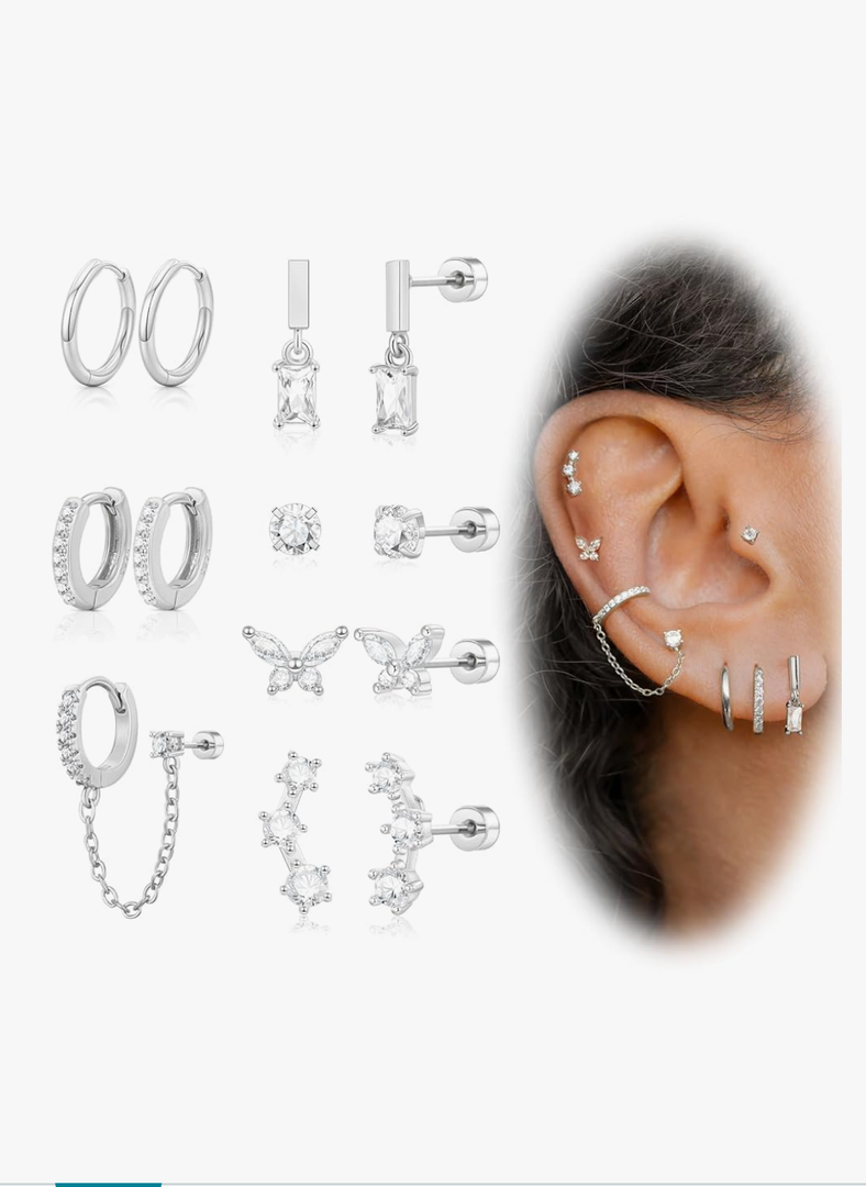 Hypoallergenic Flat Back Earrings, Cartilage Earrings for women Trendy Surgical Steel Earrings 14K Gold Small Stud Hoop Huggie Earrings Dangle Chain Earring Stacks Set for Multiple Piercing