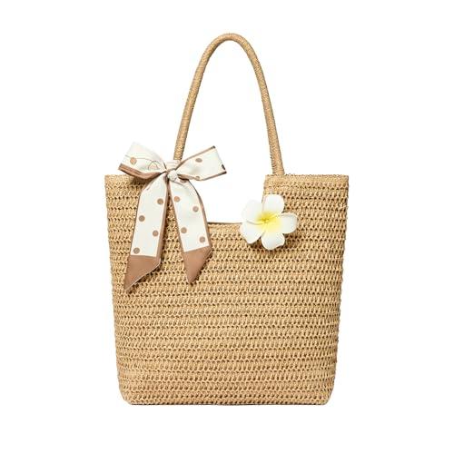Straw Tote Bag for Women, Large Summer Beach Bag with Polka Dot Scarf & Plumeria Flower (brown)