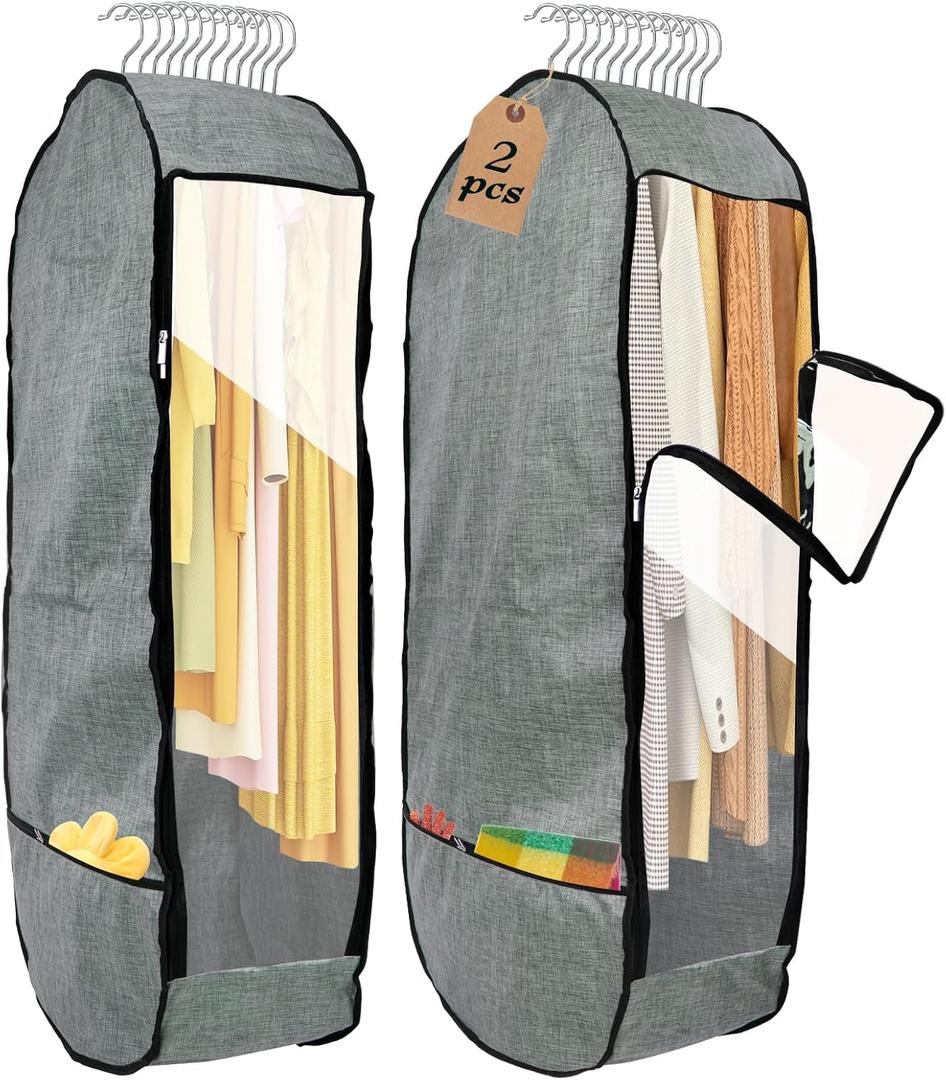 2PCS 50Garment Bags for Hanging Clothes,Chakera Large Breathable Garment Bag for Closet Storage with 10Gusseted,Clear Clothing Storage Garment Cover for Dress Sweater with Double Zipper,Grey