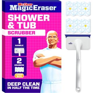 Mr. Clean Magic Eraser Shower & Tub Scrubber, Bathroom Cleaner, All in One Bathroom Cleaner, Lemon Starter Kit, 1 Scrubber & 2 Foaming Magic Erasers