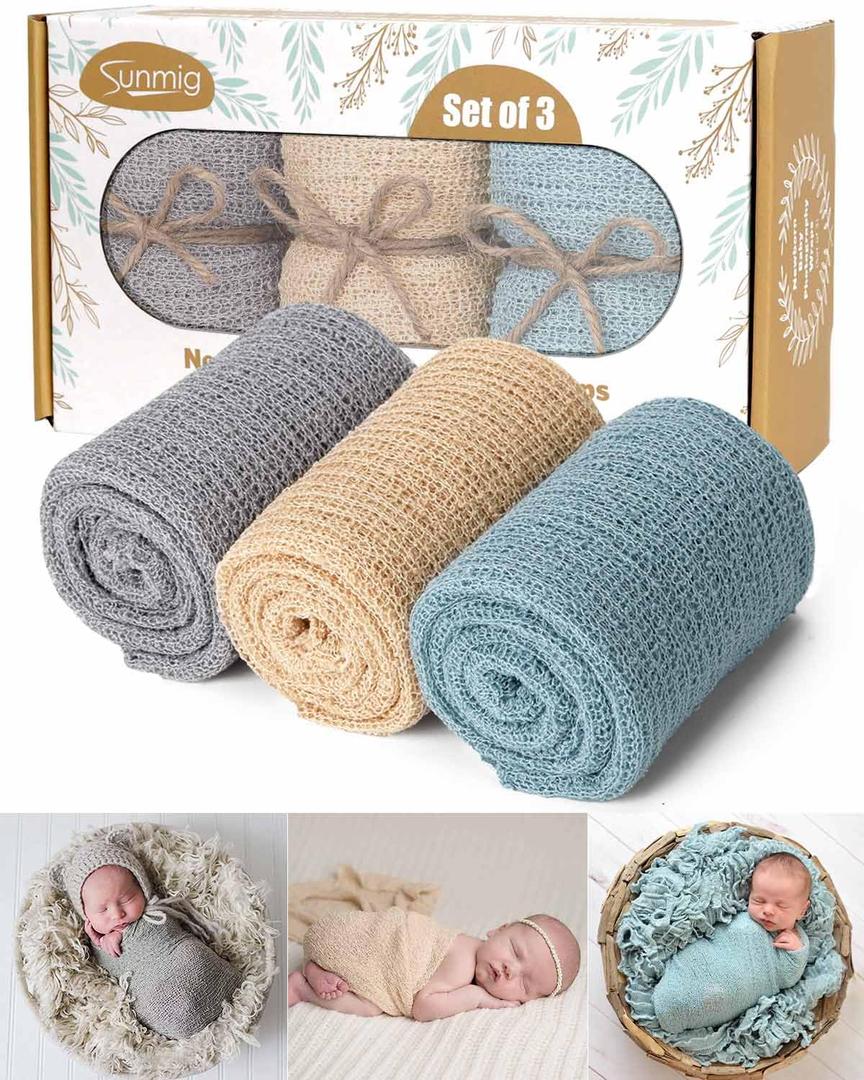 Sunmig Newborn Photography Props - 3 Pcs Stretch Wraps, Professional Baby Photo Props, Long Ripple Wrap for 0-6 Months (Light Grey+Canal Blue+Champagne)