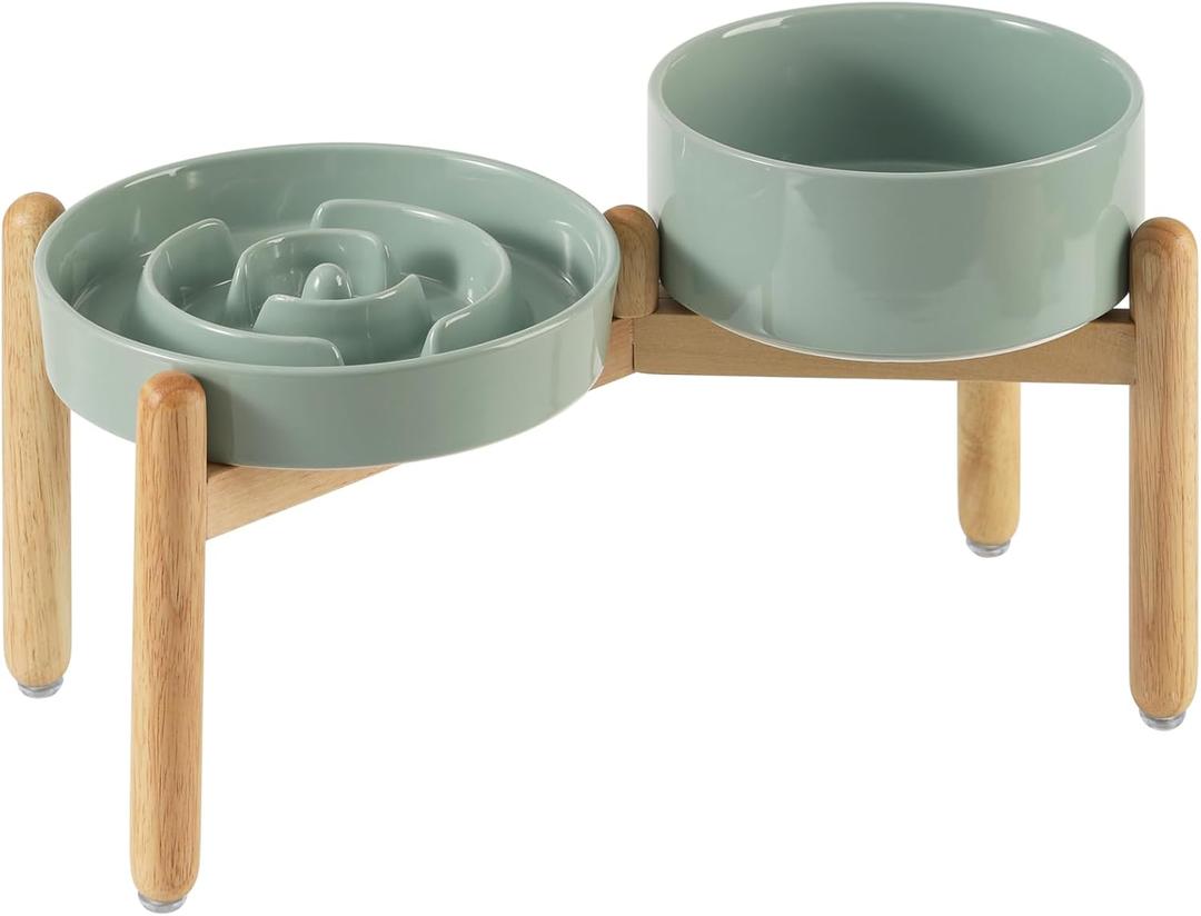 Havniva Ceramic 1.2 Cup Raised Slow Feeder Dog Bowl Set, Elevated 6.1inch Bowl and 7.3inch Puzzle Slow Food Dish with Wooden Stand for Medium and Small Dog, Anti-Gulping (2 x Light Green+ Stand)