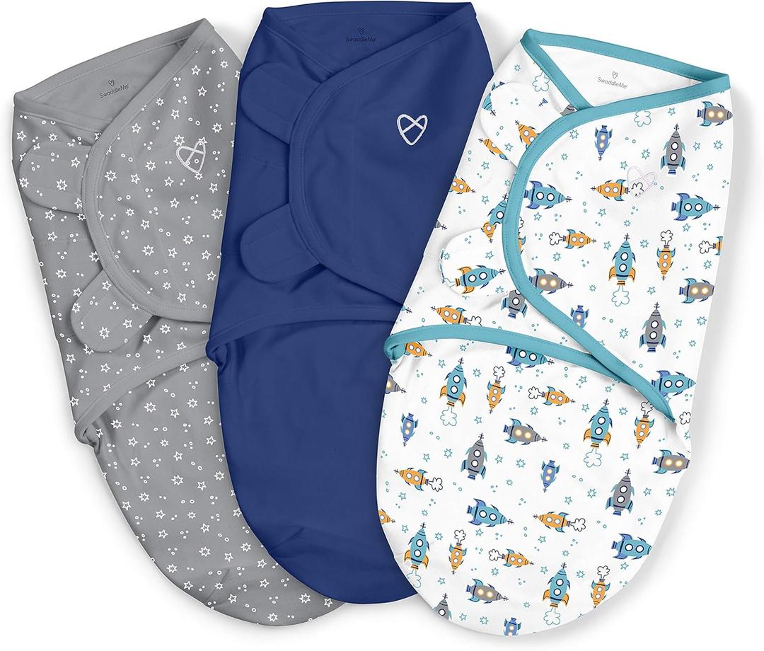 SwaddleMe by Ingenuity Original Swaddle, 100% Cotton, Improves Sleep & Calms Startle Reflex, 3-6 Months, 1.0 TOG, 3-Pack, Baby Swaddle Blanket - Superstar (Blue/Gray/White)