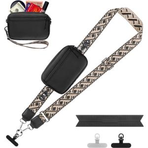 YFWE Clip and Go Strap for Phone with Wallet Crossbody, Adjustable Phone Lanyard with Detachable RFID Wristlet Wallet, Pattern Strap, Black (M)