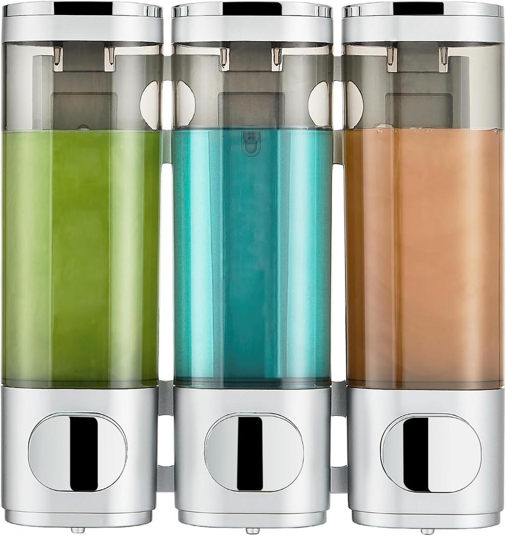 Pollock Shower Dispenser 3 Chamber No Drill Shampoo and Conditioner Dispenser for Bathroom, Large Capacity, Silver (Sliver 3 Chamber)