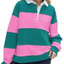 SHBECYDE Women Striped Color Block Polo Sweatshirt Lapel Collared Long Sleeve Oversized Rugby Shirt 2025 Trendy Fall Clothes Pink-Green, Size Large