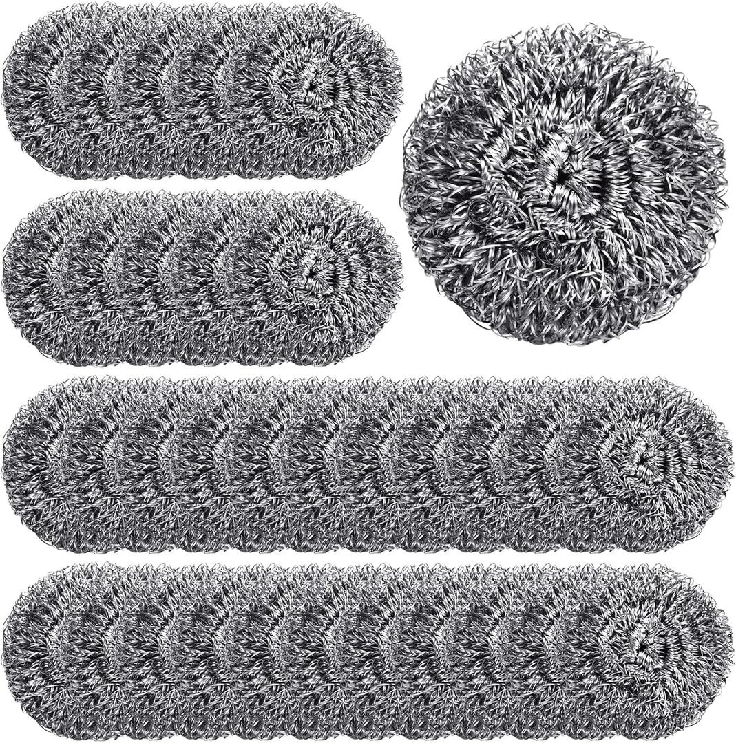 Yinkin 100 Pieces Stainless Steel Scrubber Bulk Steel Wool Scrubber Metal Sponge Wire Scouring Pad Heavy Duty Clean Dish Pot Pan and Oven for Kitchen, Bathrooms, and More (Silver)