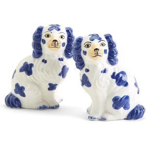 Staffordshire Dog Salt and Pepper Shaker Set - Hand-Painted Ceramic (Blue and White)