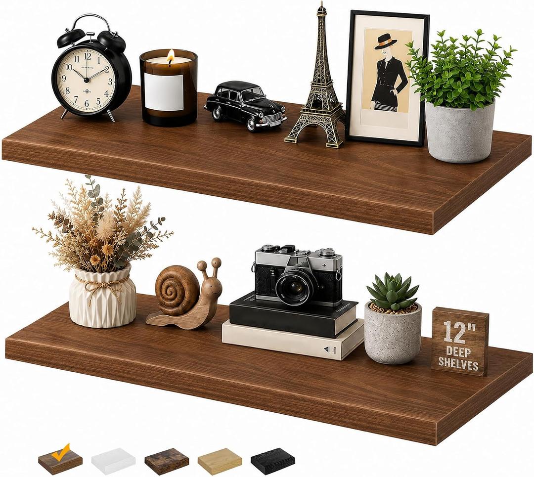 RICHER HOUSE 12 Inch Deep Floating Shelves, 36 Inch Long Wall Shelf, Walnut