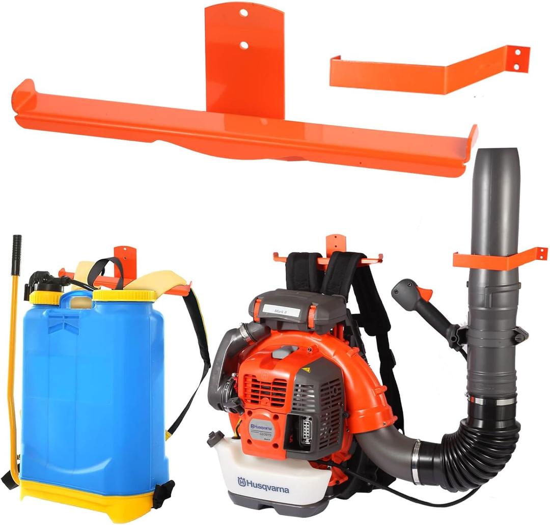 Backpack Blower Rack with Hose Holder - Heavy Duty Backpack Sprayer Wall Mount with Dual-Sided Hooks, Space-Saving Backpack Hanger for Weed Eater, Hedge Trimmer and Chain Saw, 330lbs Load Capacity