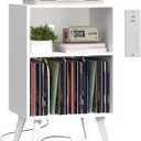Record Player Stand, 3-Tier Side End Table with Charging Station, Turntable Stand Up to 160 Albums, Vinyl Storage Cabinet Dispaly Shelf for Living Room, Classic White