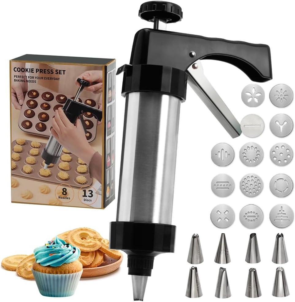 Stainless Steel Cookies Press, Cookies Press for Baking, Cookie Press Gun Kit with 13 Cookie Discs and 8 Piping Tips for DIY cake Maker Decorating Baking Supplies