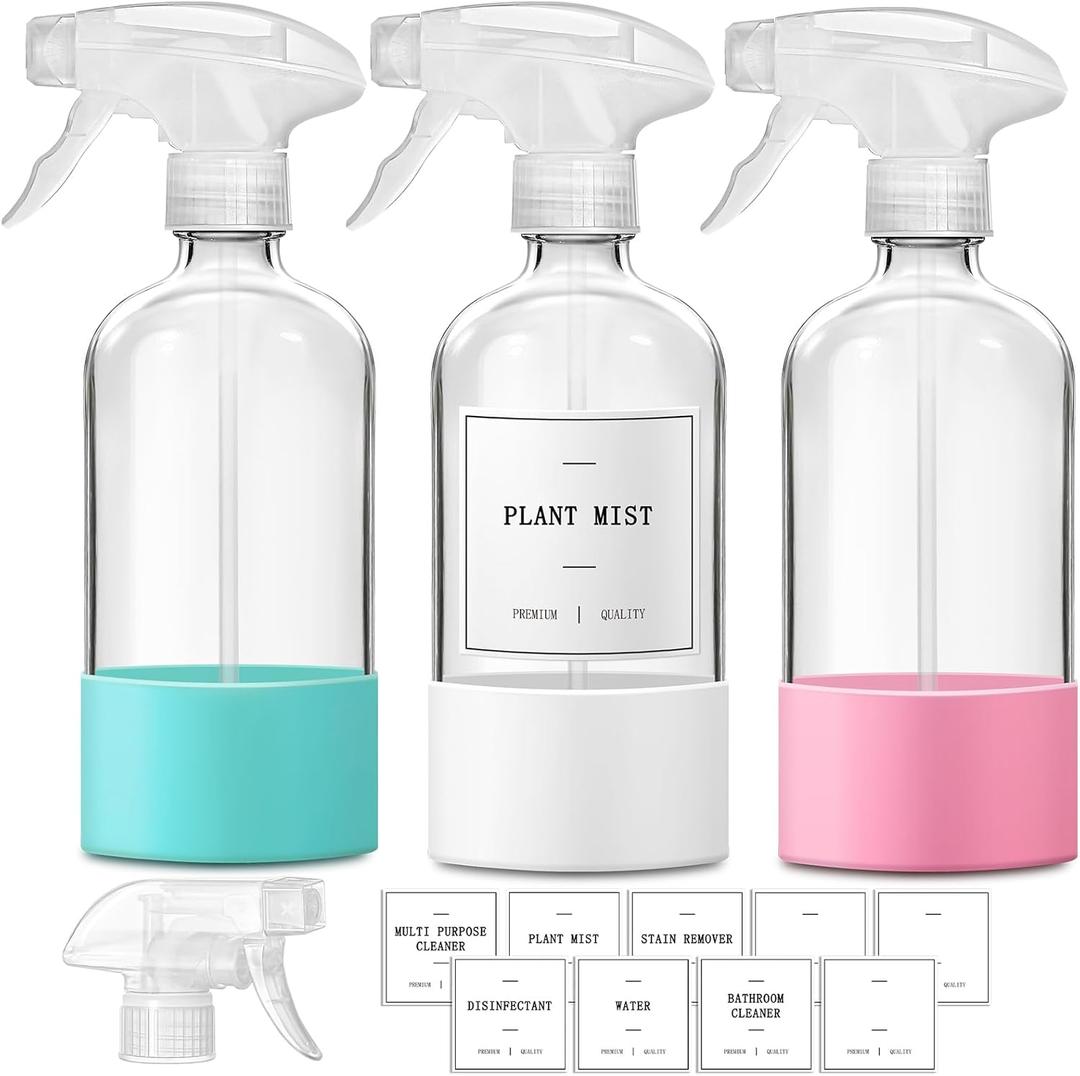 Glass Spray Bottles for Cleaning, 3 Pack Clear Empty Spray Bottle for Cleaning Solutions, 17 fl oz Reusable Spray Bottle for Plants with Silicone Boot, Cleaning Spray Containers with Labels