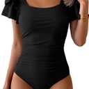 Eomenie Women's Tummy Control One Piece Swimsuit Ruffle Square Neck Bathing Suit Ruched Cutout Back Slimming Swimwear, XL