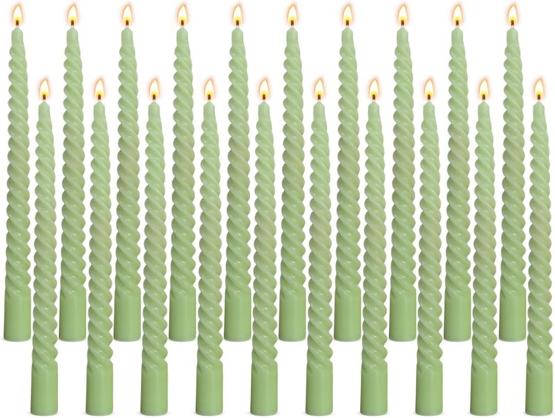 20 Pack 10 Inch Sage-Green Spiral Taper Candles for Christmas and Spring Home Decoration, Unscented Dripless Twisted Candlesticks for Dinner St. Patrick's Day Earth Day and Garden Parties