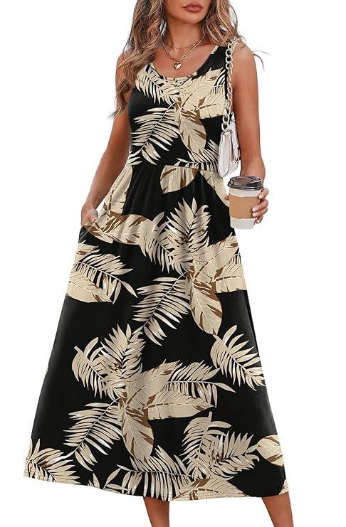 WIHOLL Summer Dresses for Women Flowy Casual Midi Dress Beach Vacation Sundresses with Pockets L