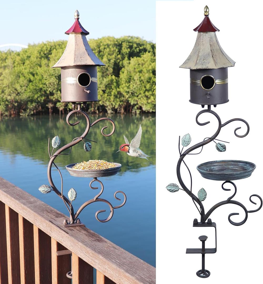 Deck Bird Bath, Metal Bird Bath and Bird Houses, Decorative Deck Mounted Bird Bath, Detachable and Adjustable Sturdy Deck Bird Bath for Outdoor Porch Yard Garden Decoration