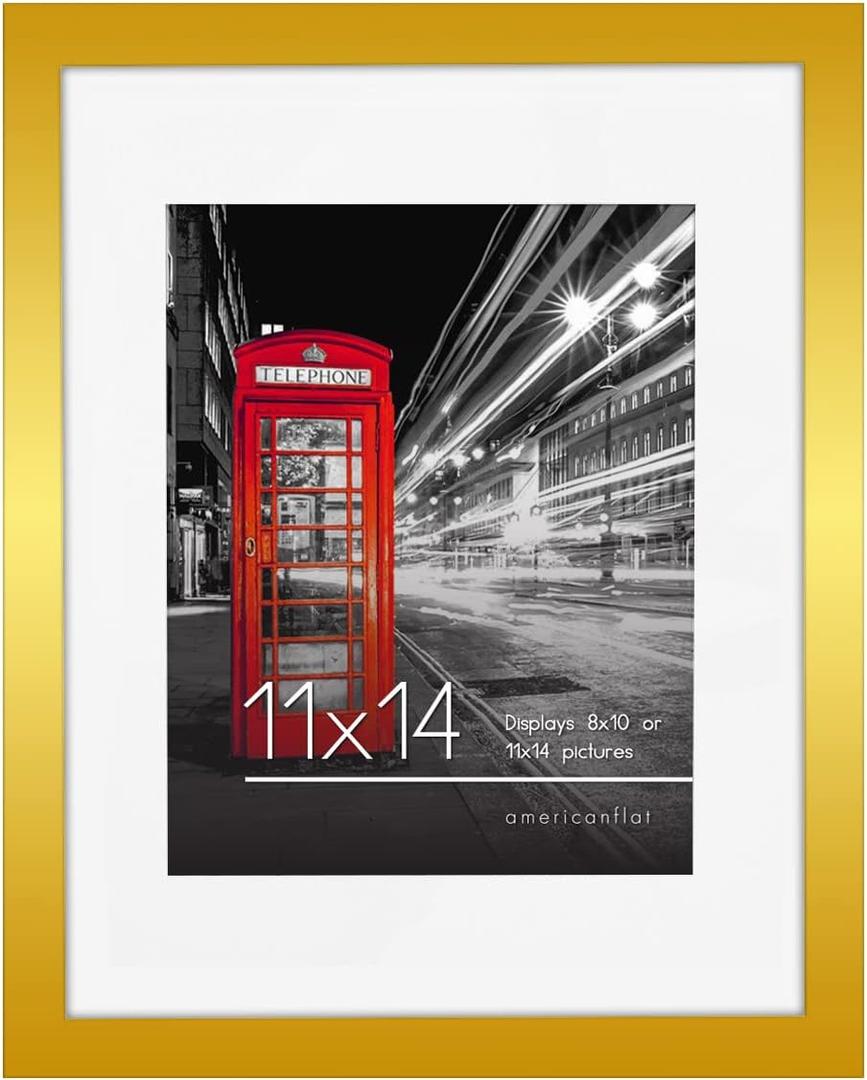 Americanflat 11x14 Picture Frame with Polished Crystal-Clear Glass - Use as 8x10 Frame with Mat or Display 11x14 Photo Without Mat - Signature Collection - Picture Frames for Wall Display - Gold