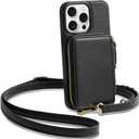 ZVE for iPhone 15 Pro Wallet Case, Crossbody Phone Purse with Card Holder for Women, Zipper Leather RFID Blocking Carrying Cover with Wrist Strap for iPhone 15 Pro 6.1 inch- Black