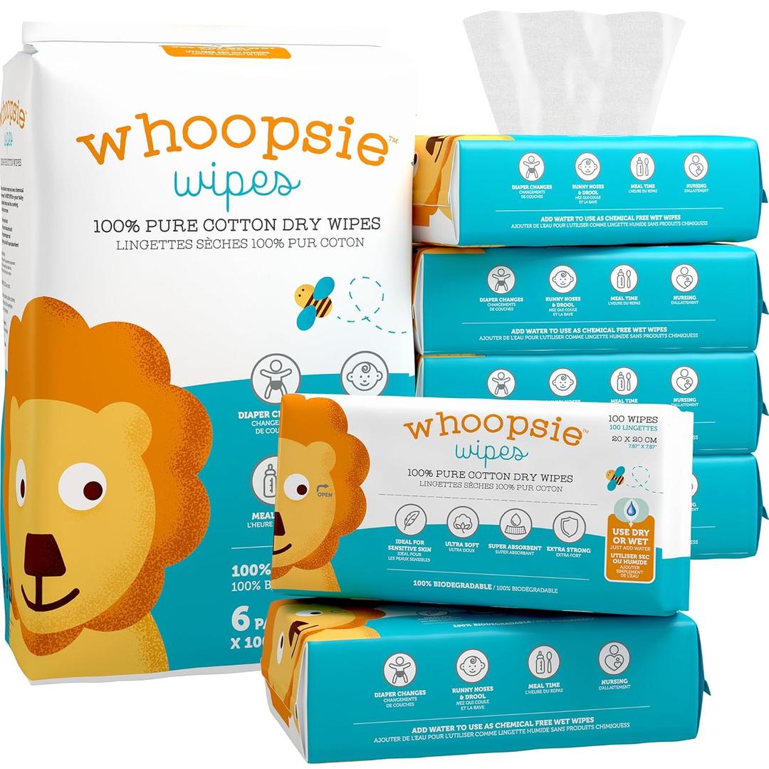 Whoopsie Wipes  The Original 100% Pure Cotton Dry Baby Wipes  Ultra Soft, Unscented, Chemical-Free Wipes for Sensitive Skin  Use Dry or Add Water for Wet Wipes  6 Packs (600 Count)