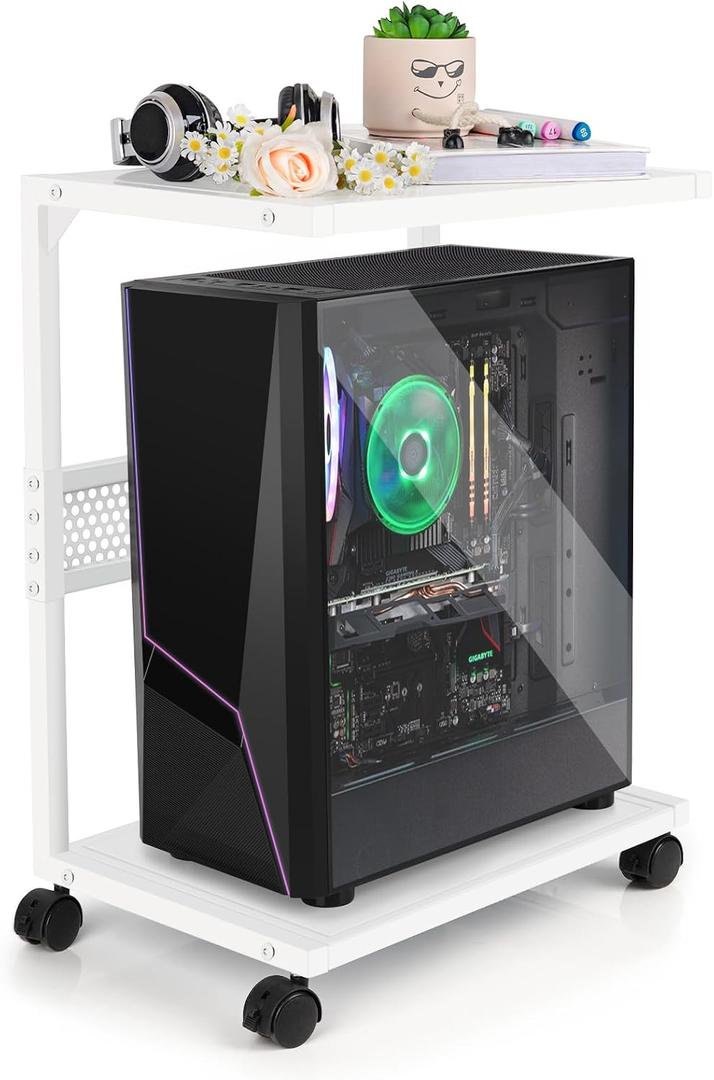 PC Stand Computer Tower Stand 2-Tier Metal CPU Holder with Locking Caster Wheels Suitable for Most PC (S,White)