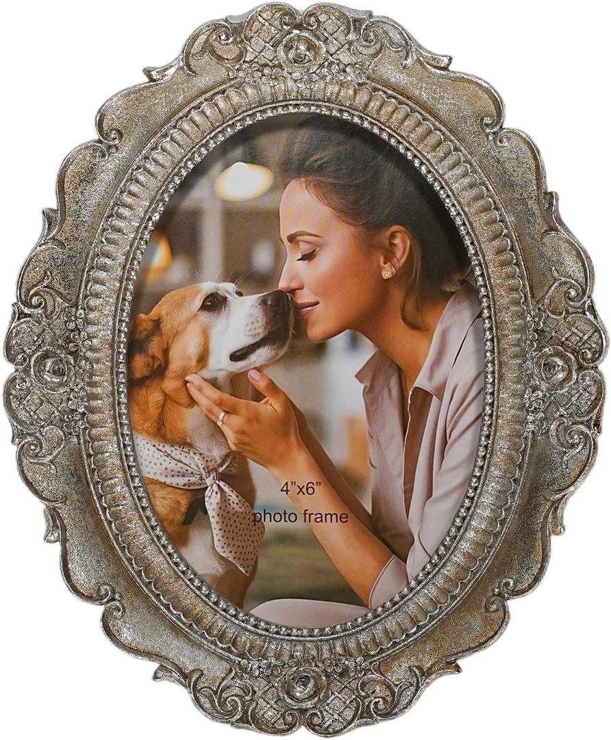 Oval Vintage Picture Frame 4x6, Matted Antique Silver Photo Frames with Glass Front, Desktop & Wall Hanging Home Vintage Decor, Gift Ideas (Silver Rose, 4x6)
