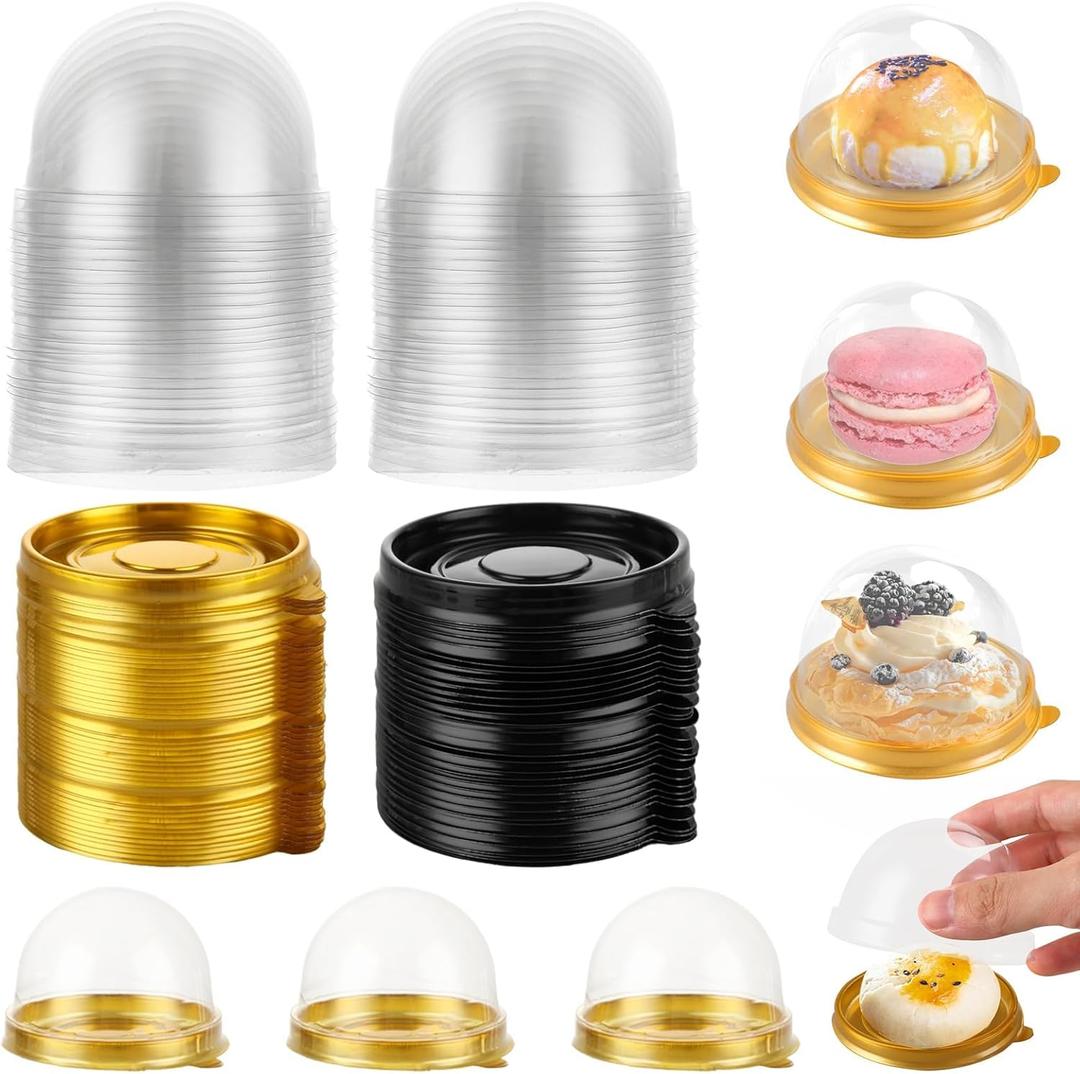 200 Pcs Mini Cake Containers, Clear Plastic Cupcakes Containers Muffin Mooncake Holder, Mini Cupcake Boxes with Dome Lid for Cheese Pastry Dessert Mooncake (100 Gold,100 Black)