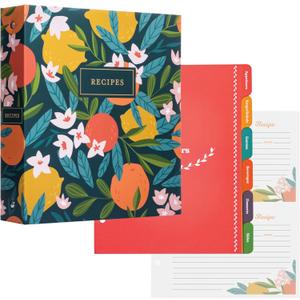 Jot & Mark 8.5" x 9.5" 3 Ring Recipe Binder with 50 Matching 4x6 inch Recipe Cards, 25 Top & Bottom Binder Sleeve Sheet Protector, 5 Full-Page Undivided Sleeves, 6 Sturdy Divider Tabs, Winter Orchard