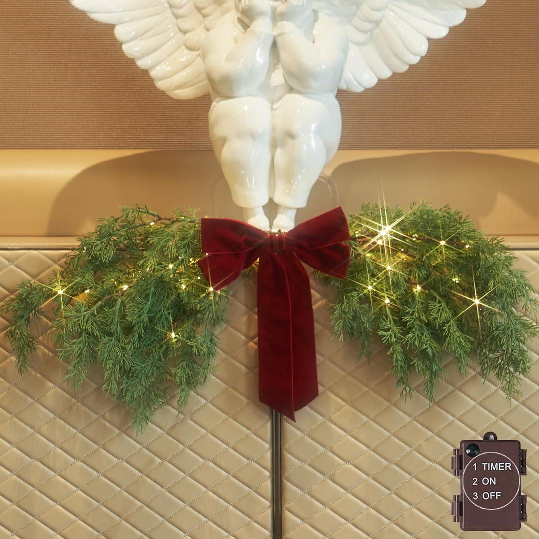 LITBLOOM Lighted Christmas Swag Battery Operated with Timer, Cedar Pine Swag Lights 32IN 60 LED Fairy Lights with Red Bow for Home Fireplace Wall Window Door Christmas Decoration Indoor Outdoor