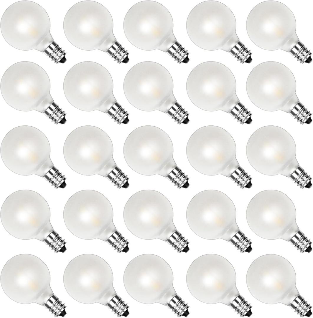 25Pack G40 LED Replacement Light Bulbs, 0.6W Frosted White LED Globe Bulbs for Outdoor String Light (E12 / C7 Screw Base Sockets), Warm White 2700K, Dimmable