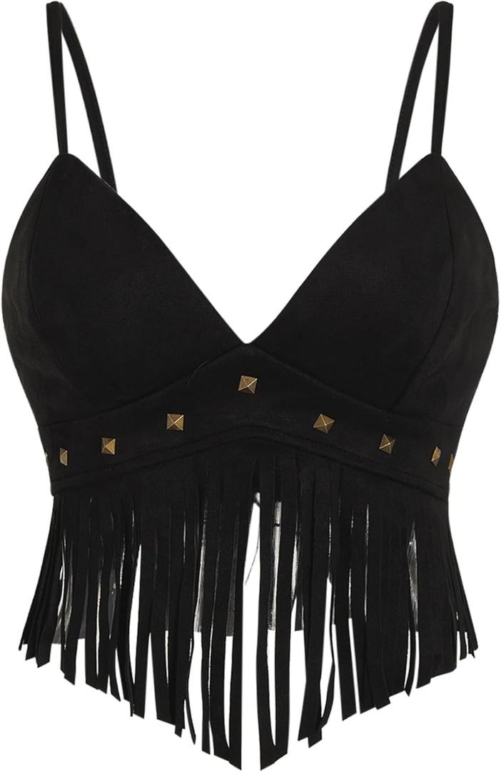 OYOANGLE Women's Y2K Fringe Sleeveless Spaghetti Strap Faux Suede Vintage Hippie Crop Top Blouse (Medium, Black)