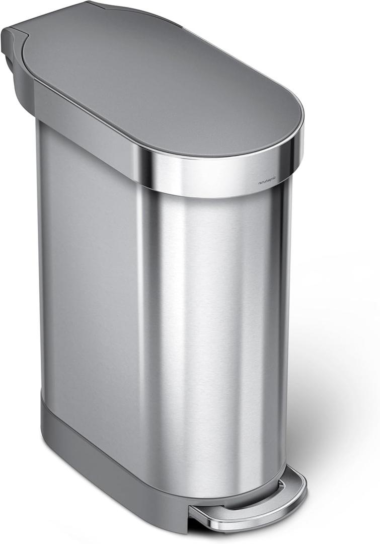 simplehuman 45 Liter / 12 Gallon Slim Hands-Free Kitchen Step Trash Can, Brushed with Plastic Lid