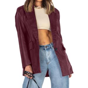 Pepochic Womens Oversized Leather Jacket Long Sleeve Faux Leather Blazer Lapel Button Down Leather Shacket Coat with Pockets (Red, L)