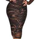 Fastkoala Women Sexy Long Sleeve Printed Sheer Mesh Bodycon Midi Dress See Through Slim Fit Party Clubwear Night Dress, Large