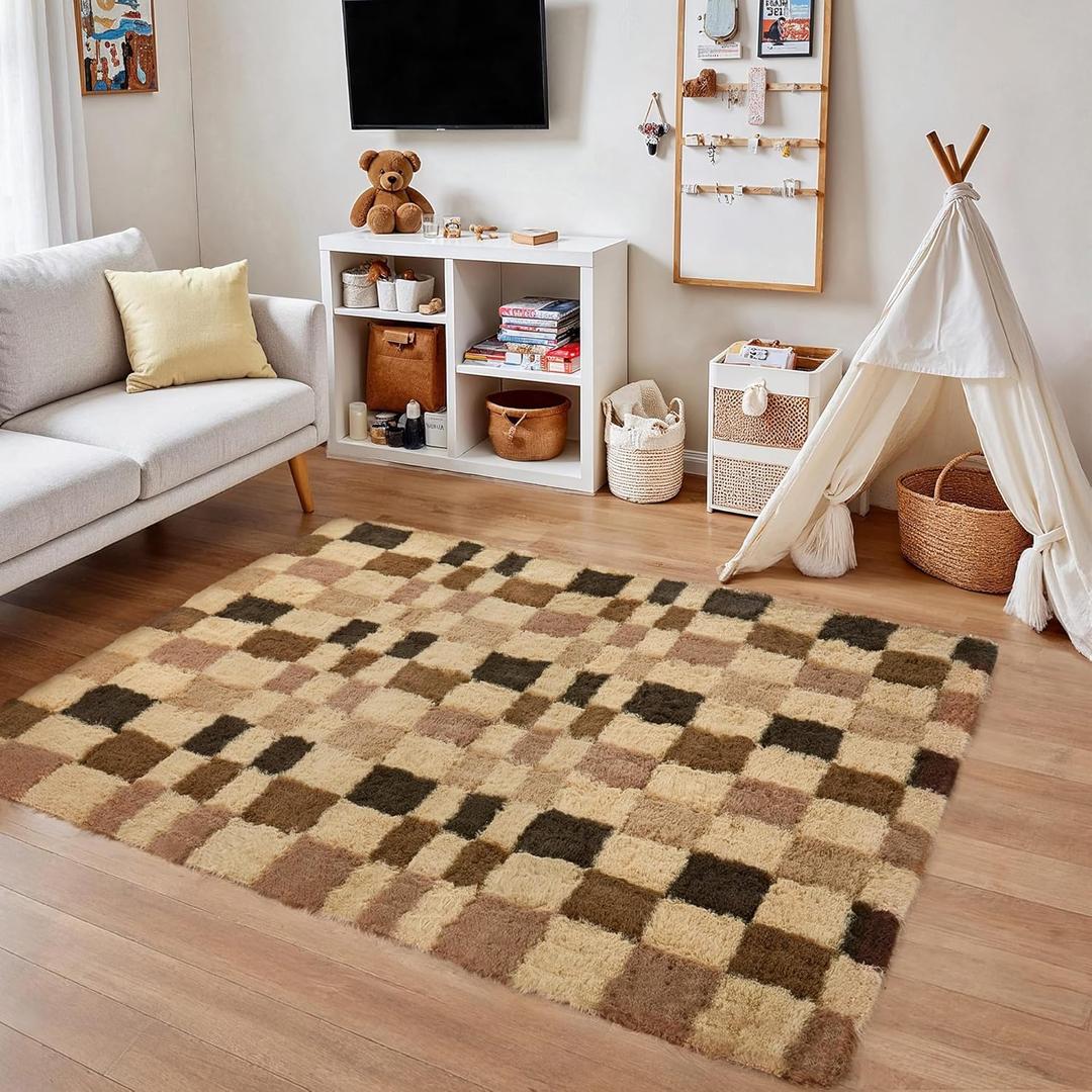 4x6 Checkered Area Rug Brown Fluffy Shag Living Room Throw Rug Washable Non-Slip Soft Pile Fuzzy Carpet for Bedroom Dorm Bathroom Dining Room Home Aesthetic Decor Indoor