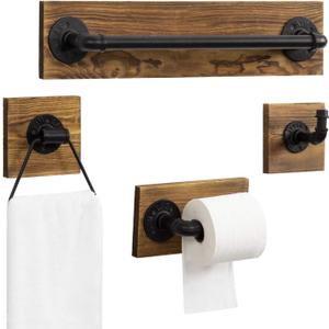 MyGift 4-Piece Bathroom Hardware Set Toilet Paper Holder with Burnt Wood and Industrial Matte Black Metal Pipe Includes, Towel Ring, Towel Bar and and Robe Hook