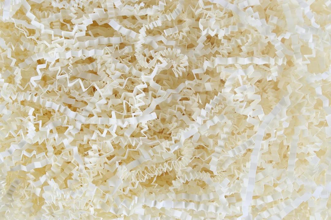 Sansam Crinkle Cut Paper Shred Filler, 1.1 LB Cream Conffetti Hamper Filling Paper for Basket and Gift Box Filling, Gift Wrapping,Packaging, Shipping, Moving, Cushioning