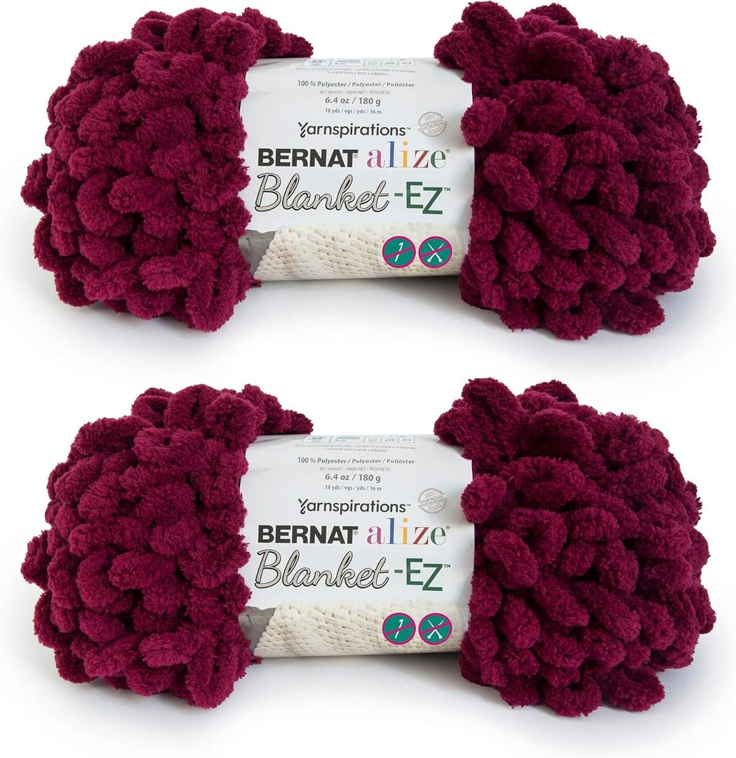 Bernat Alize Blanket-EZ Super Soft Looped Yarn for Beginners, Hand Knitting- No Needles or Hooks Needed, Burgundy 2 Pack