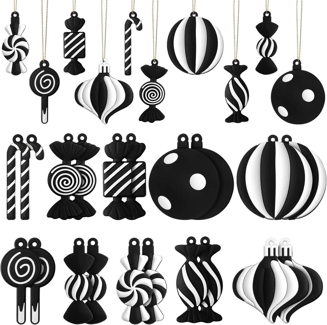 Panelee 20 Pcs Christmas Candy Tree Ornaments PVC Christmas Candy Cane Lollipop Ornament Xmas Hanging Decors Birthday Party Decoration Crafts for Holiday Xmas Tree Party (Black and White)
